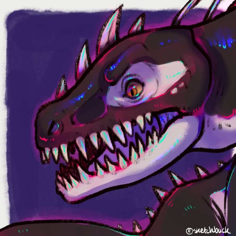 A bust illustration of a teethy dinosaur with orca-like markings. Dark blue background.