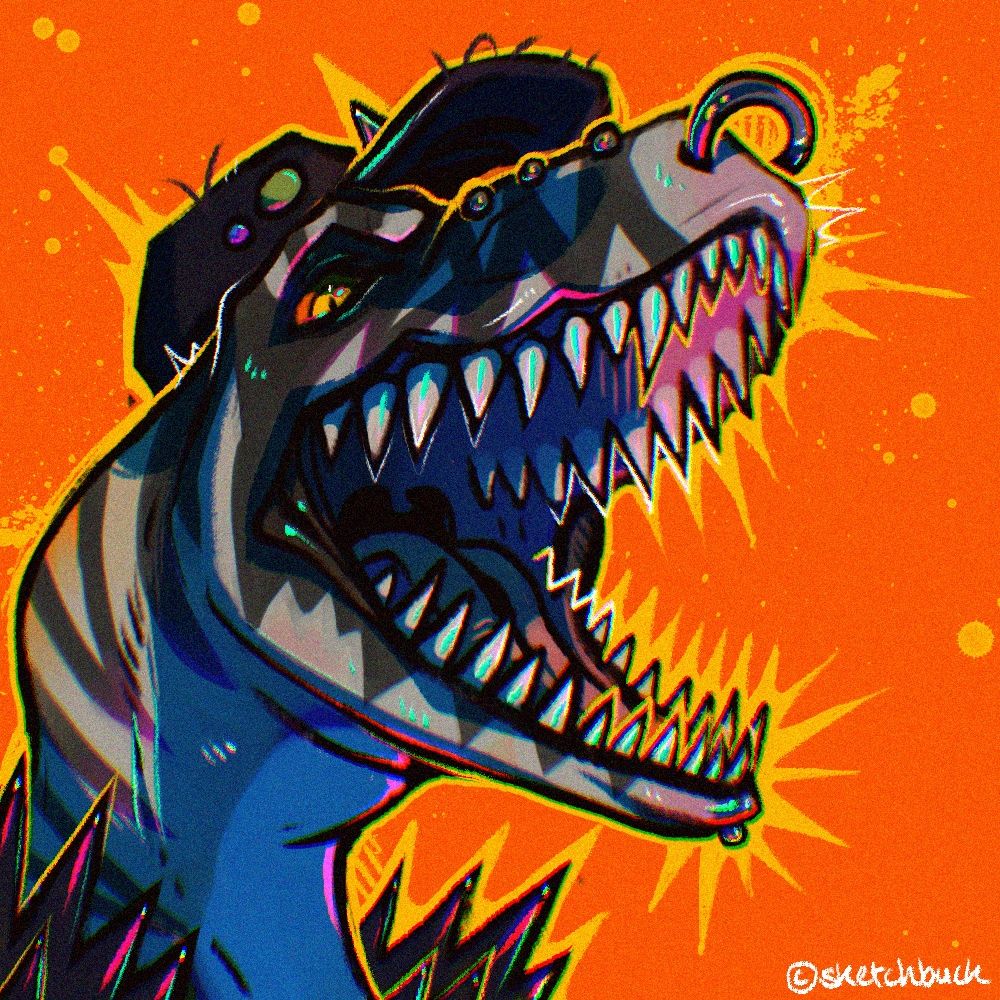 An anthro velociraptor with grey skin and black stripes. They have an open mouth showing off their sharp teeth. She is wearing crust punk gear: a cap, and a spiked jacket. They have facial piercings. Orange background with yellow spiky details.