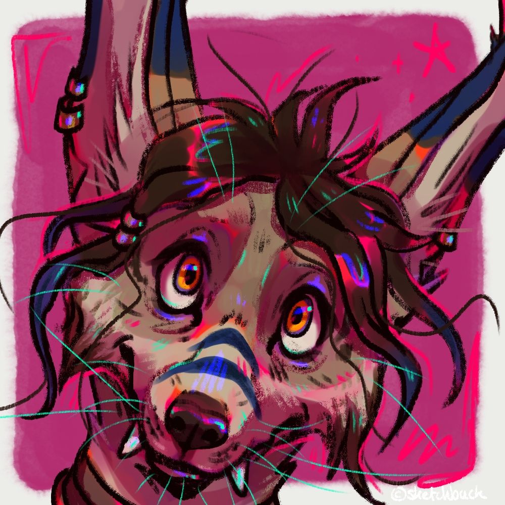 A canine hybrid with large, pointed ears. They are tan with dark stripe markings and large fangs. Mauve background.