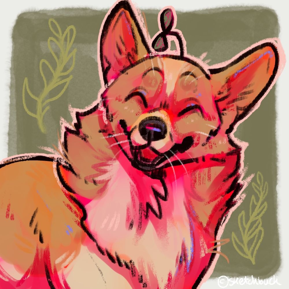 A portrait of a tan and cream corgi with a green sprout from their head. Green background with fern scribbles.