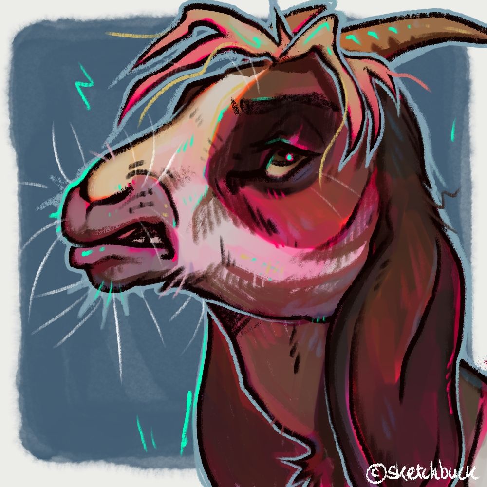 A bust of an anthro goat character with white and brown fur. He has floppy ears and short, curved horns. They're pulling a disgruntled or disgusted face. Blue background.