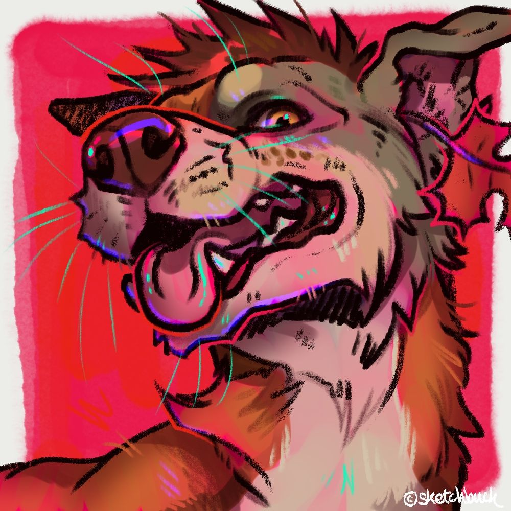 A canine with cream, orange, and green fur. They have a maple leaf tucked into their left ear. Pinky orange background.