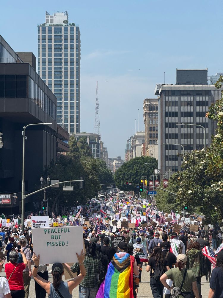 Image of the no kings protest is downtown LA, line of thousands of protesters marching down a street