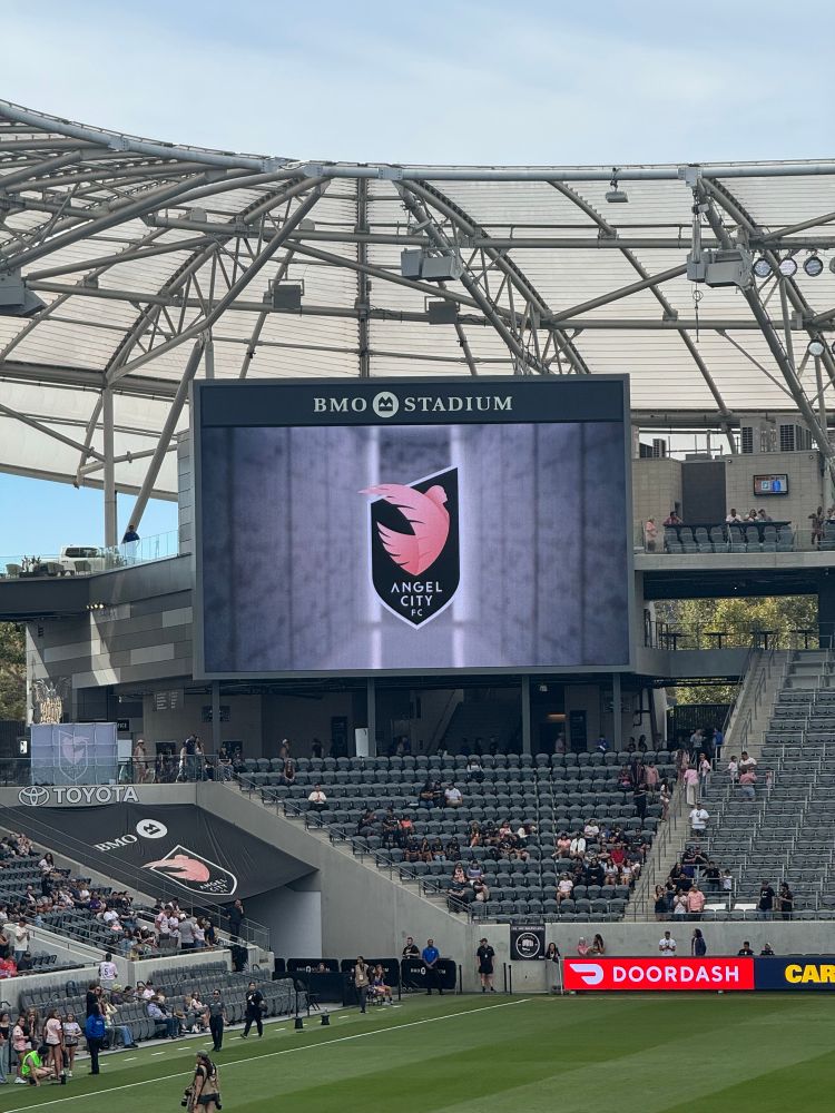 View of BMO Stadium screen with logo of Angel City FC