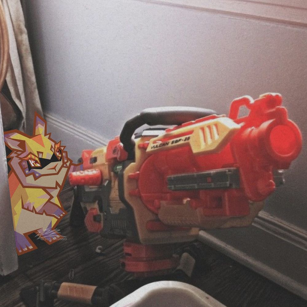 Frye Bunny (from Splatoon 3) holding a Nerf toy gun parody drawing (based on the picture posted under it).