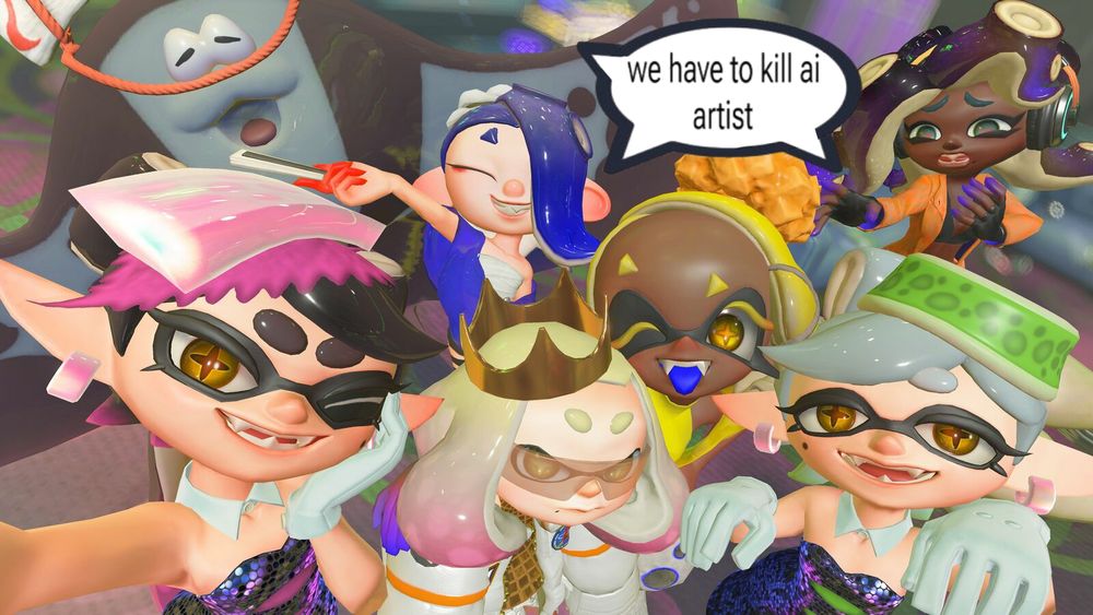 All Splatoon main idols (Squid Sisters, Off the Hook and Deep Cut) saying "we have to kill ai artist".