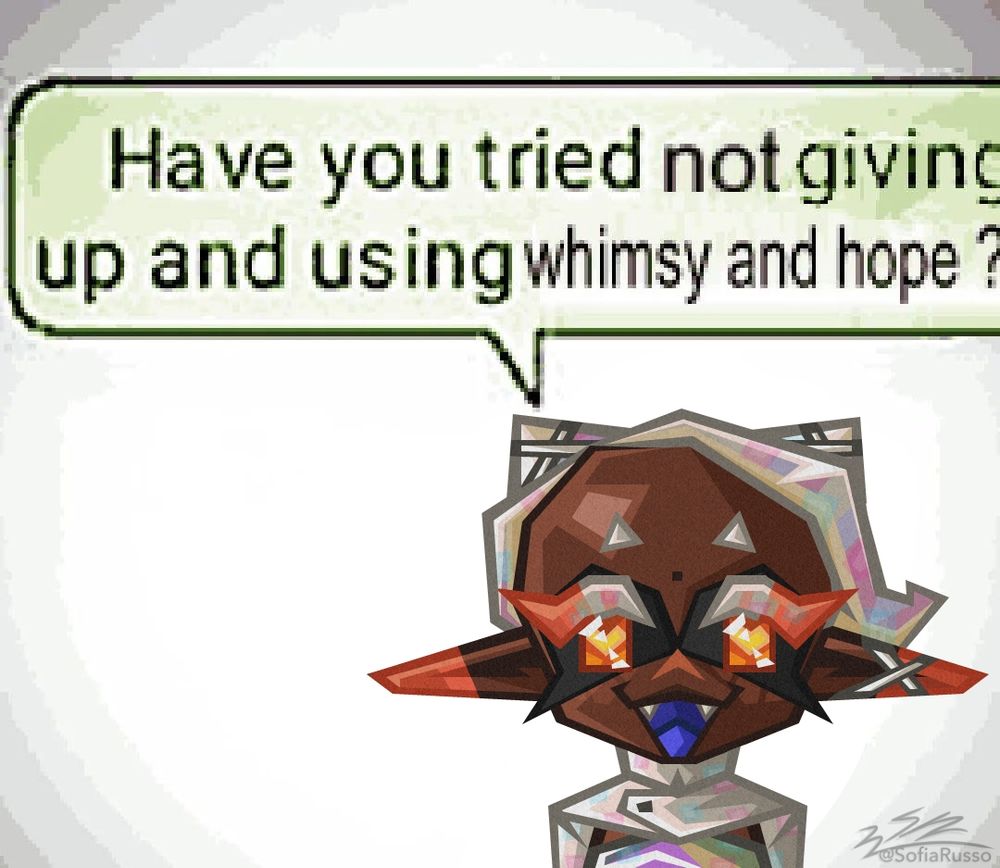 Artwork of Frye from Splatoon 3 (in her Grand Festival outfit) saying, "Have you tried not giving up and using whimsy and hope?" toward the viewer.