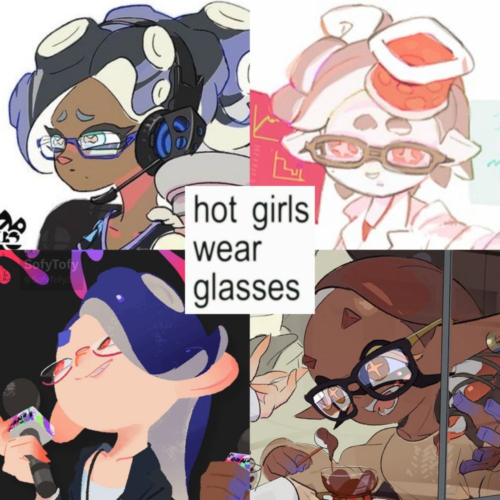 "hot girls wear glasses" meme with Marina, Marie, Shiver ans Frye from Splatoon games