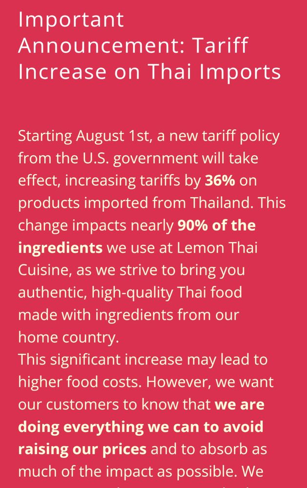 Warning from Lemon Thai about raising prices due to tariffs on Thailand 