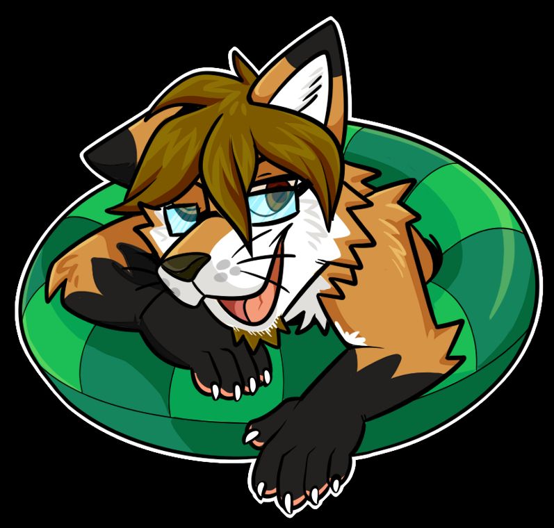CJ, an anthropomorphic red fox, lounging in a green inner-tube