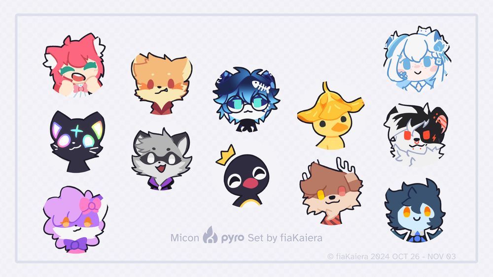 A batch of silly little stylized icons called "micons", made by Kaiera. This time around it's with the folks from @pyro.host!