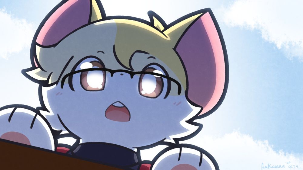 Kaiera's cat-squirrel character looks at the screen from a downward angle as if the viewer is on the ground.