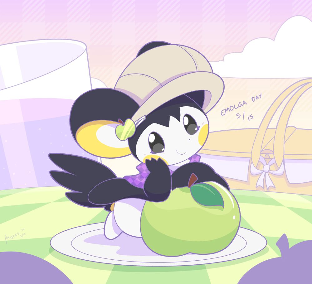 A picture of an apple-themed Emolga with a hat laying on an apple.