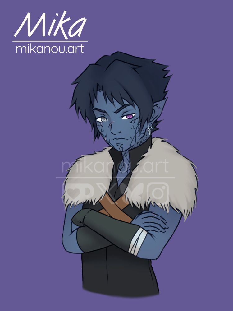 portrait of a grumpy drow character. they have 2 different eyes, black hair and vine like tattoos on theside of their face