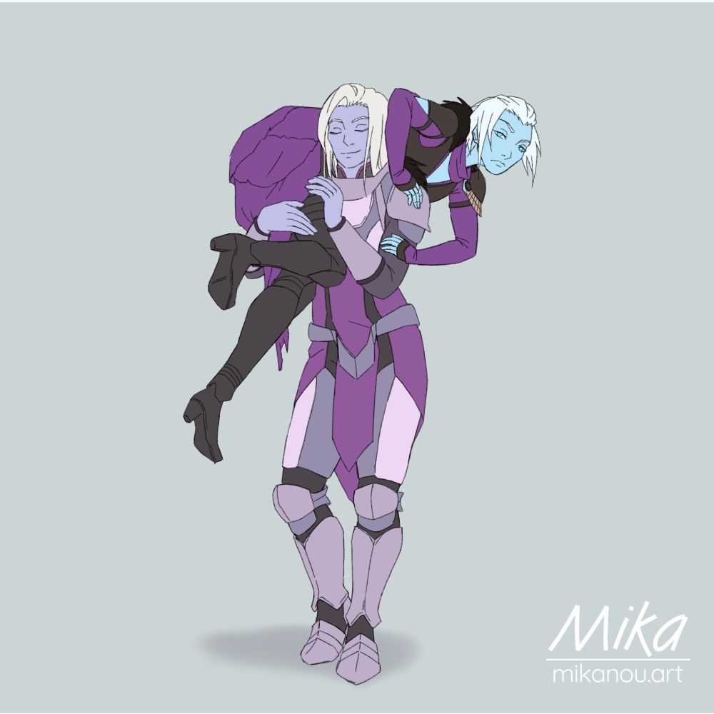 a smug sjur carrying an exasperated mara over her shoulder
