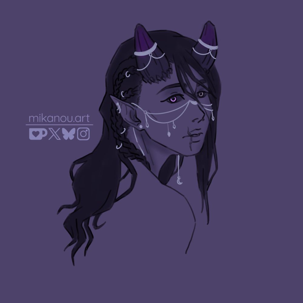 bust sketch of a purple tiefling with a delicate face chain and more jewelry on horns, ears and in his braids
