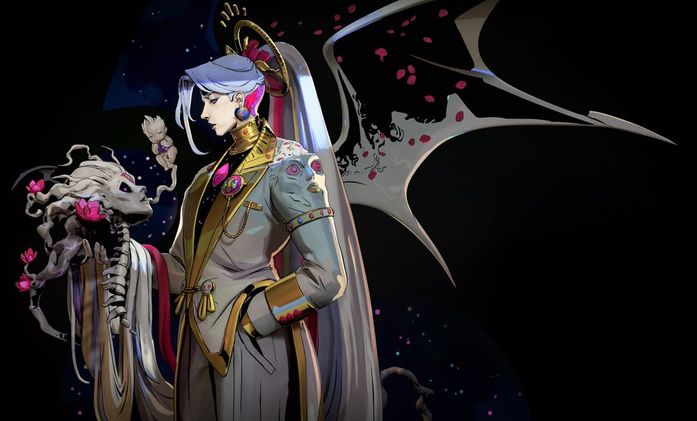 3d render of Chaos' Hades 2 design - they have greyish hair with colourful streaks, a white suit with golden details, they're holding their old skull and have a big wing. 