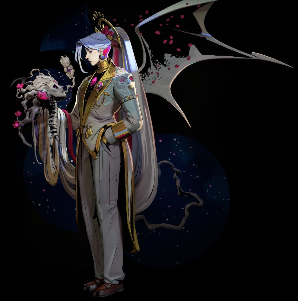 3d render of Chaos' Hades 2 design - they have greyish hair with colourful streaks, a white suit with golden details, they're holding their old skull and have a big wing. 