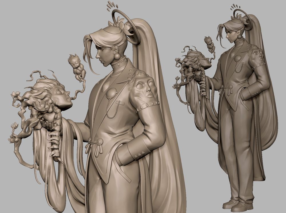 zbrush sculpt based on chaos hades 2 design - one closeup matching their drawn art for the game, one zoomed out with some ugly little loafers