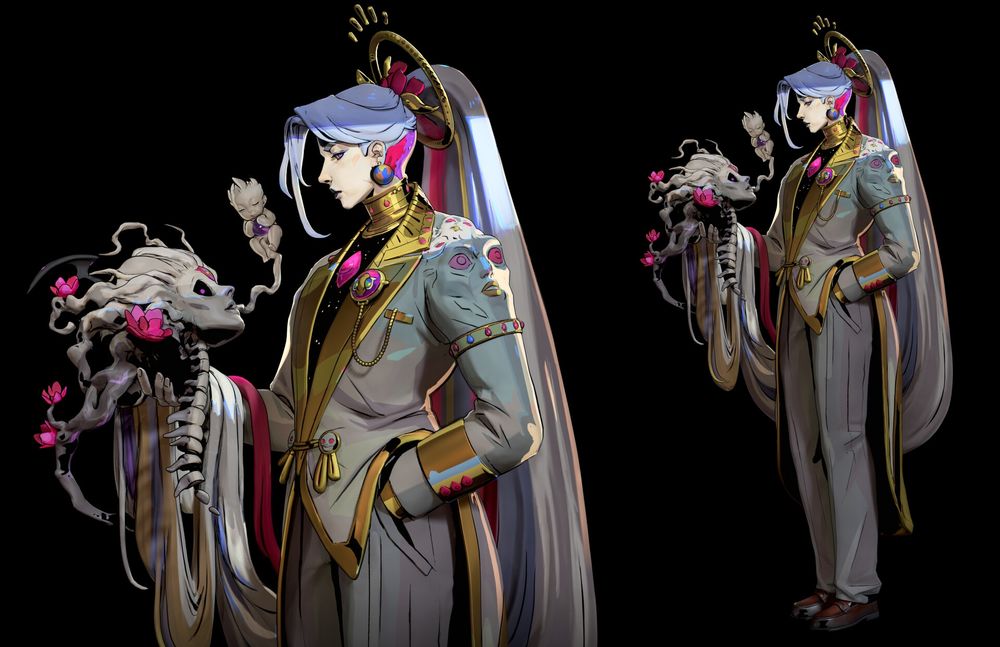 3d render of Chaos' Hades 2 design - they have greyish hair with colourful streaks, a white suit with golden details, they're holding their old skull. 