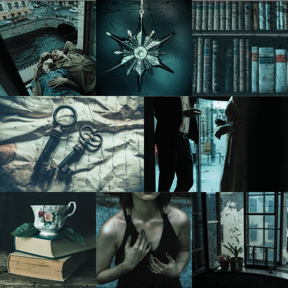 A collage of 8 pictures, all in dark/blue-gray tones. Starting top left:
1. Two men lying on a windowsill. The man on the left has his head on the other man's arm.
2. A star or snowflake pendant.
3. A bookshelf with old tomes.
4. Two skeleton keys on a crumpled letter.
5. Two people stand next to each other, holding drinks.
6. A tea cup with roses on it is positioned on top of two stacked books. Dark green leaves are visible around the cup.
4. a woman wearing a black dress is touching her chest under her collarbone.
5. two potted plants in front of an open window.