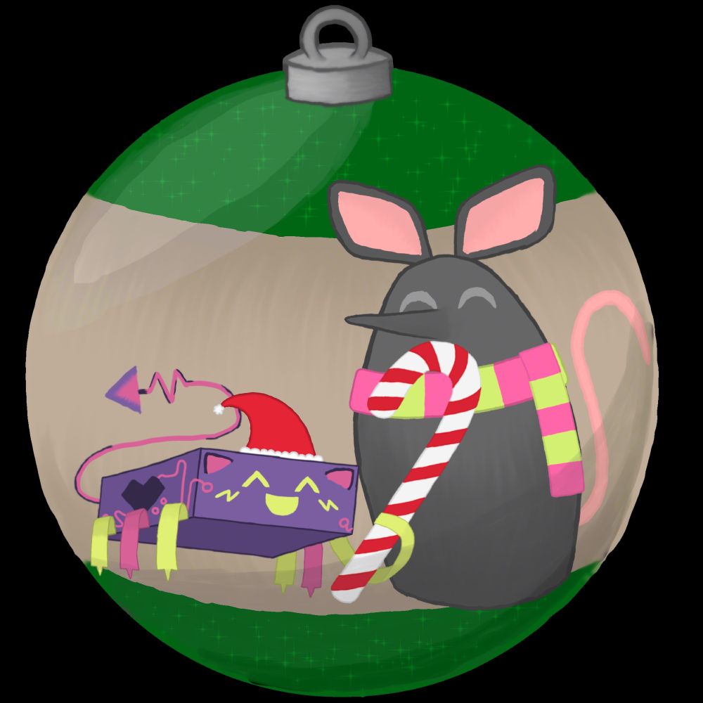 A festive green & bronze Christmas ornament, depicting a Microchip (Kohiato Kilobyte mascot), wearing a Santa hat & holding a candy can, standing next to a mouse wearing a pink & light green scarf.
