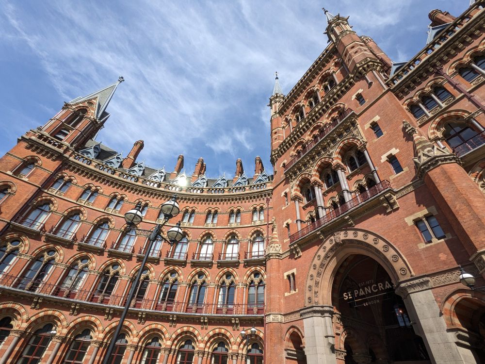 The Midland Hotel at St Pancras in its red brick Gothic gloriousness. And a nice sky.