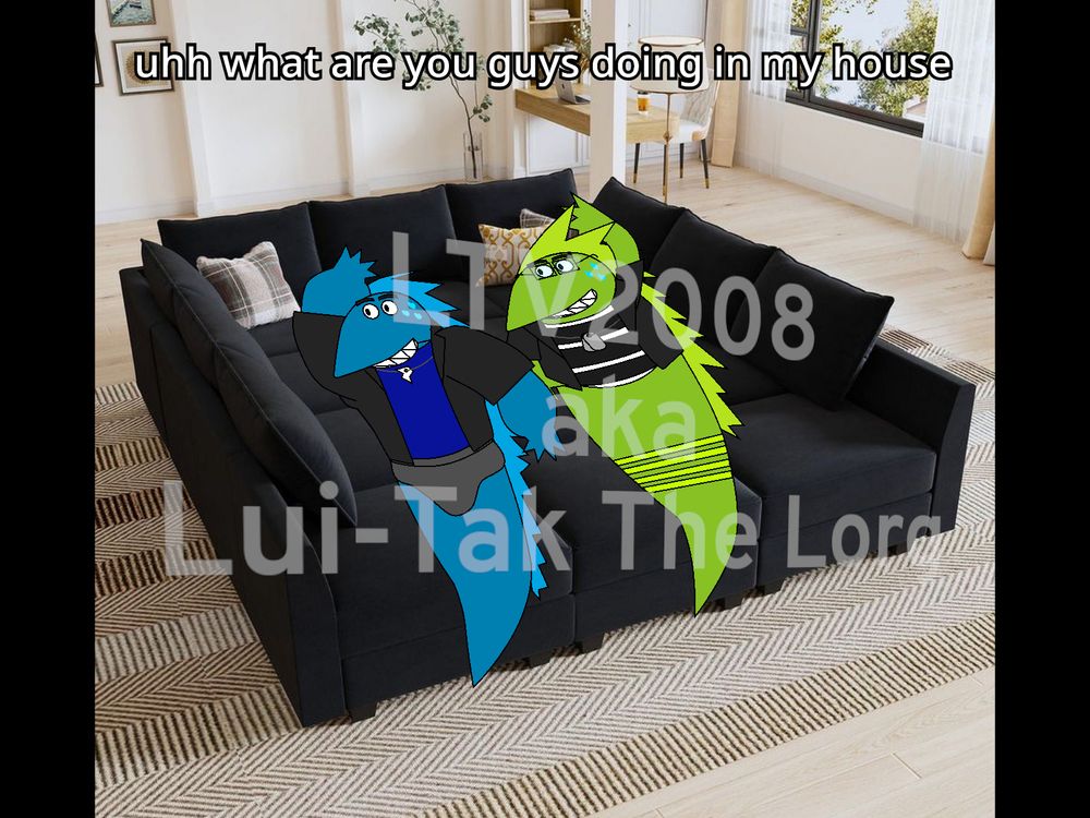 Two snake-like male creatures trying to sleep on a couch when they get rudely interrupted by a human saying "uhh what are you guys doing in my house" and they get nervous 