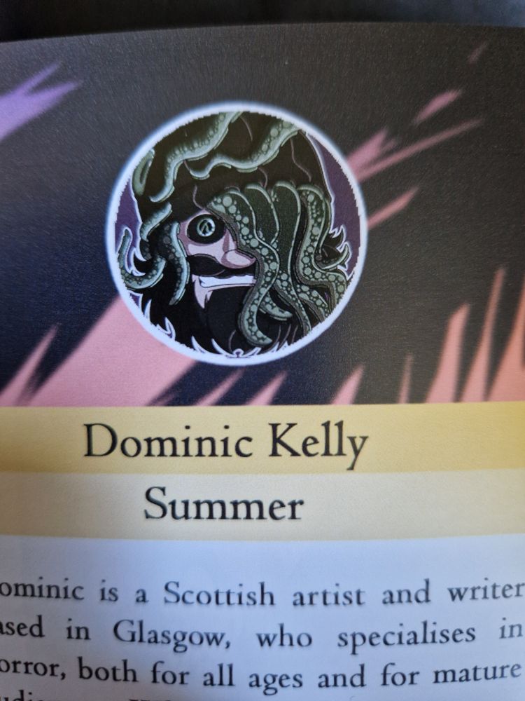 An interior page from the comic, in which a profile picture of a man with tentacles coming out of his hat can be seen. Under him is test that reads "Dominic Kelly" and "Summer".