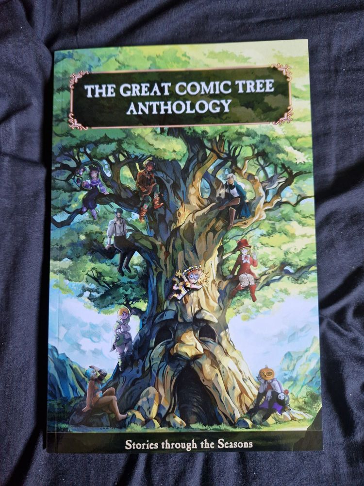 A comic sits against a black background. The comic says "The Great Comic Tree Anthology" and features a number of incredible characters sitting on the branches of a giant tree.