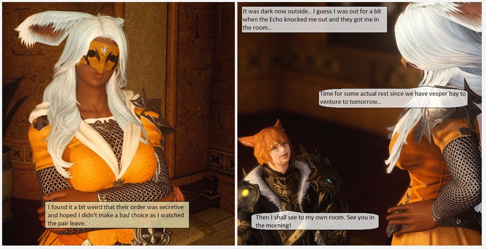 [First panel. Moonlily crosses her arms with ears lowered as she bites her bottom lip, seeming a bit concerned. It appears to be suddenly dark in the room.]

I found it a bit weird that their order was secretive and hoped I didn't make a bad choice as I watched the pair leave.

[Moonlily gazed down at Talen with hands on her hips, he looking up at her with a not concerned look.]

It was dark outside now. I guess I was out for a bit when the Echo knocked me out and they got me in the room.

Moonlily: Time for some actual rest since we have Vesper Bay to head to tomorrow..

Talen: Then I shall see to my own room. See you in the morning!