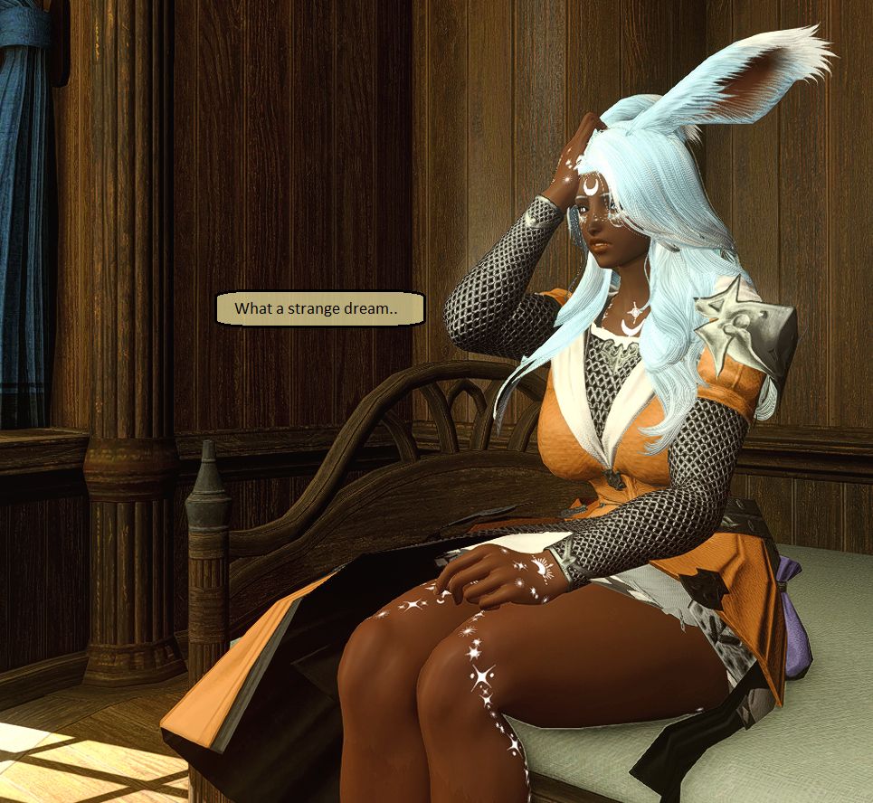 Moonlily awakes from her dream with her ears lowered and a hand resting against her head, feeling a bit confused of her dream.