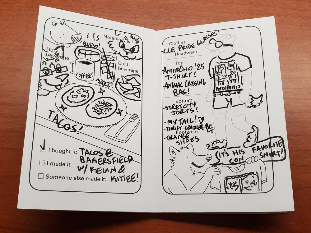 Inside of the zine, first spread. Left page format is Notable Meal, with a table spread and happy sniffing wolf, and an option I Bought It checked. I've drawn tacos, a marg, chips and queso, Kittee and my bf Kevin and. The right page format is Clothes, split by location with a light gray wolf outline body and a happy wolf at the bottom holding a blank shirt. I've drawn on my AO tee, my pride in the CLE glasses, my tail, stretchy jorts, and shoes. I made the bottom wolf say "it's hs favorite con shirt!" Surely that will be cut off by the printer LOL!