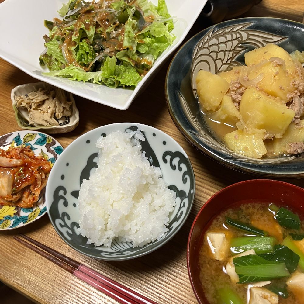 肉じゃが、わかめと玉ねぎの酢味噌サラダ、湯葉の佃煮、キムチ、納豆、小松菜と豆腐の味噌汁、白飯、煎茶