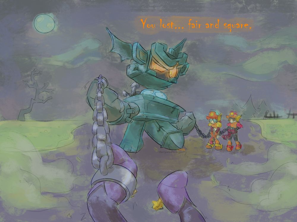 The Brawloween drawing but Gargoyle R-T now displays his cracked, stony massive cock which is leaking glowing orange pre-cum