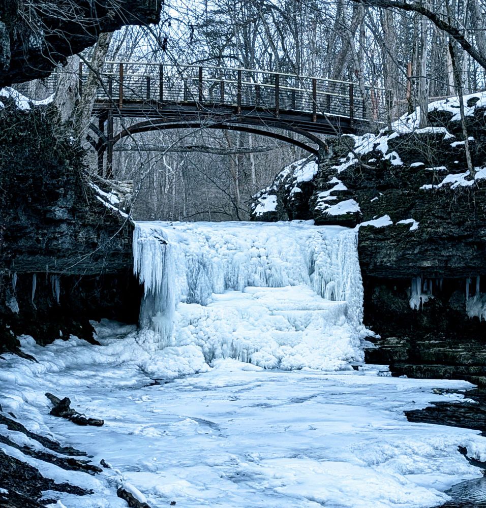 Glen Helen, Yellow Springs, OH. Frozen waterfall under an old steel bridge. Everything was slippery here.