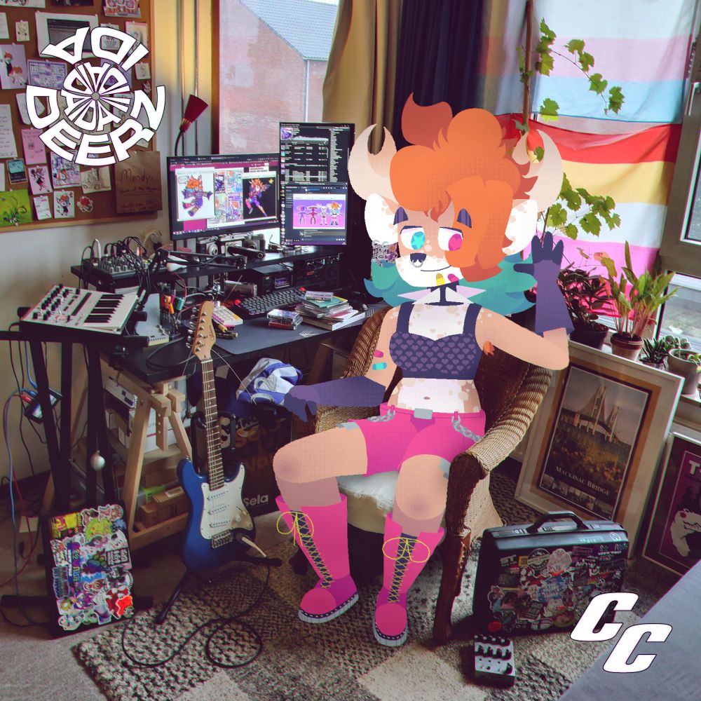 the cover of the album 'idaidaida II' by ida deerz, featuring an anthropomorphic deer character sitting in a chair, surrounded by music instruments, tech, and other items