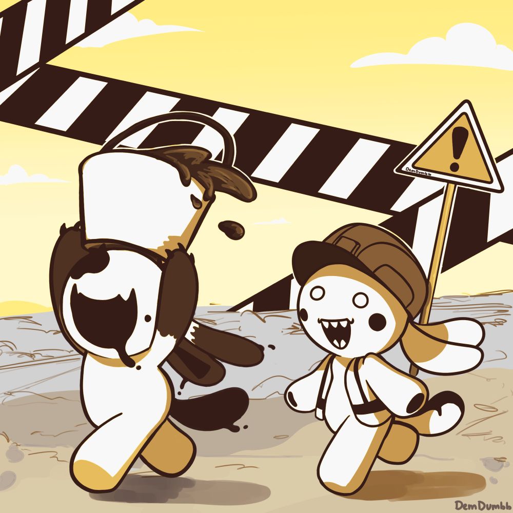Two bunnies running through a construction site past a warning sign with caution tape plastered in the back! The bunny on the left (Ray) is running with a water bucket above their head with water spilling out of the side while the other bunny to the right (Curiee) runs beside them with a hard hat and construction vest on.