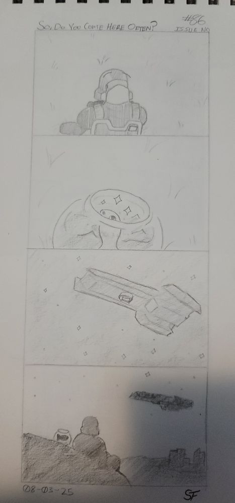 A four panel hand drawn comic.

1. Timmy John Helldiver sits on some grass, their gaze cast upward.
2. Alongside our intrepid soldier of Super Earth, our lil guy Timmy John Helldiver Jr. also peers upwards. Wonder in their small eyes.
3. Floating through low orbit, a majestic Super Destroyer lulls against the stars above.
4. A calm night.