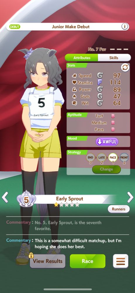 An Uma Musume: Pretty Derby screenshot of an umamusume named Early Sprout. She has short grey wavy hair and looks rather shy and standoffish. Her mood is marked as AWFUL.