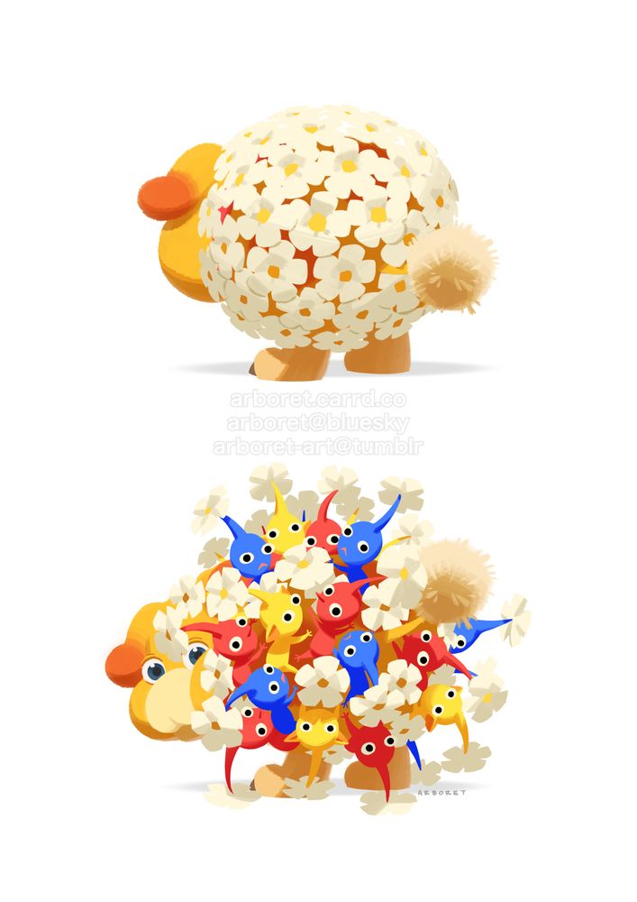 Two drawings of Oatchi from Pikmin 4. In the top drawing he is facing away from the viewer, covered in flowers. In the bottom drawing, he is looking at the viewer and the flowers are revealed to be pikmin, also looking at the viewer.