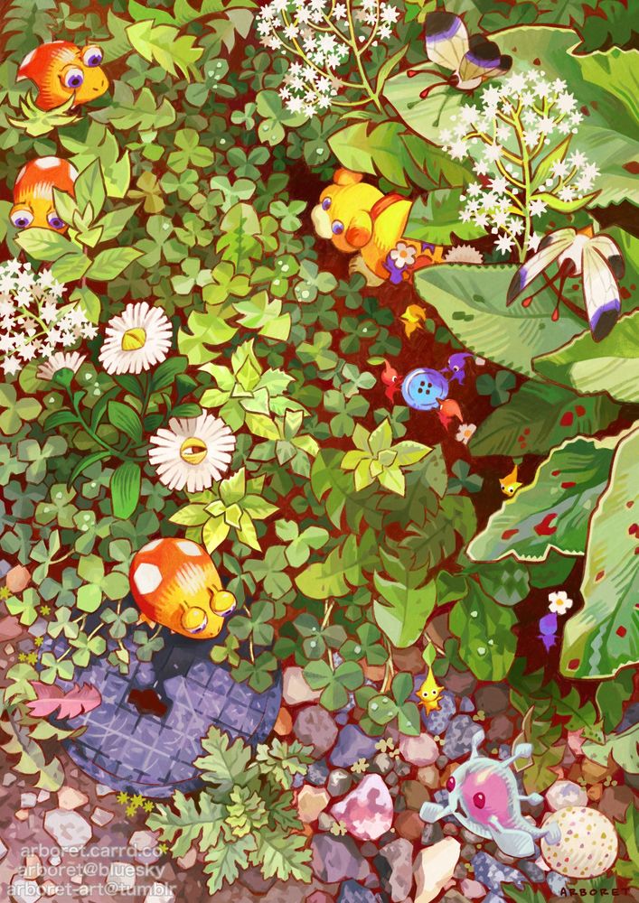A drawing close to the ground with pebbles, a water meter lid, and densely growing clovers, dandelions, comfrey, and other small plants. Scattered through the plants are pikmin, Oatchi, and other creatures from the pikmin games going about their lives.