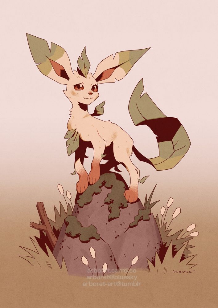 A drawing of the pokemon leafeon perched on top of a mossy rock, looking out with a smile on its face. Grasses grow around the base of the rock.