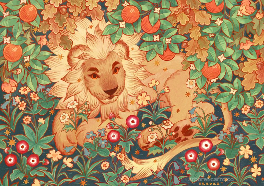 A drawing of a lion lying beneath the leafy branches of oak and orange trees, adorned with acorns, oranges, and orange blossoms. Various different flowers grow all around on the ground. Gold stars are scattered across the drawing.