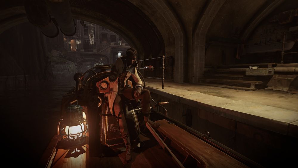 Screenshot of Dishonored 2, beginning of mission 5. Maegan Foster is reclining against her skiff. Screenshot was taken in late 2024 at maximum graphics settings thanks to newer hardware.