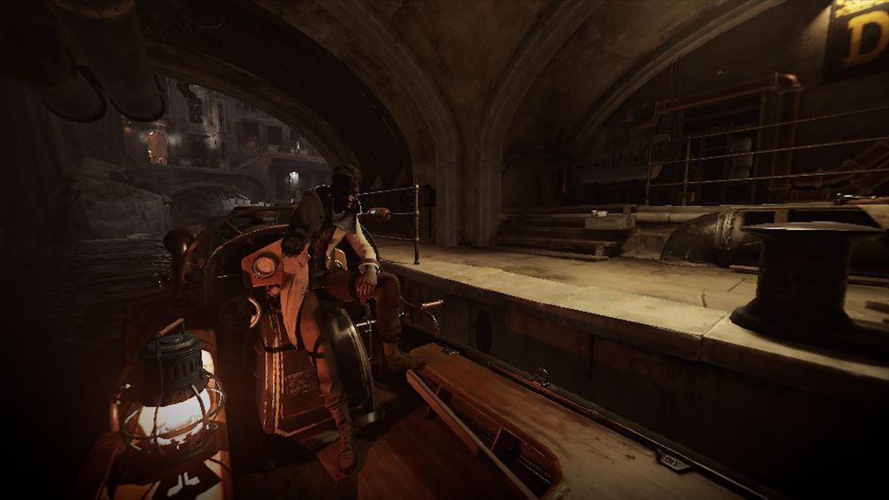 Screenshot of Dishonored 2, beginning of mission 5. Maegan Foster is reclining against her skiff. Screenshot was taken back in mid 2020 at near minimum graphics settings due to limited hardware.