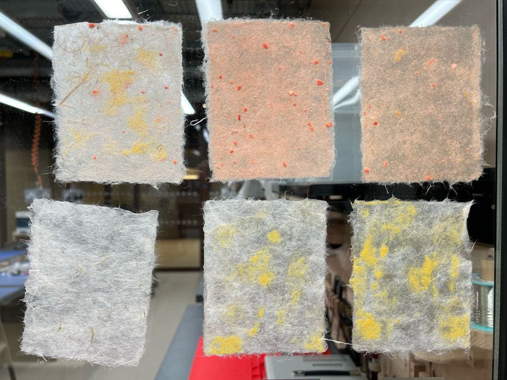 Mixed handmade papers drying on a window. The papers range in colour from soft white to pinkish orange. Some have yellow splodges, others are flecked with orange-red fibres. 