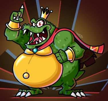 King K. Rool stands in a wide stance with his finger pointing upward and his fist clenched.