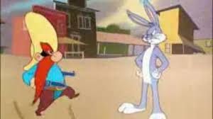 Bugs bunny draws successive lines in the sand for Yosemite Sam to cross.
..up to a cliff edge