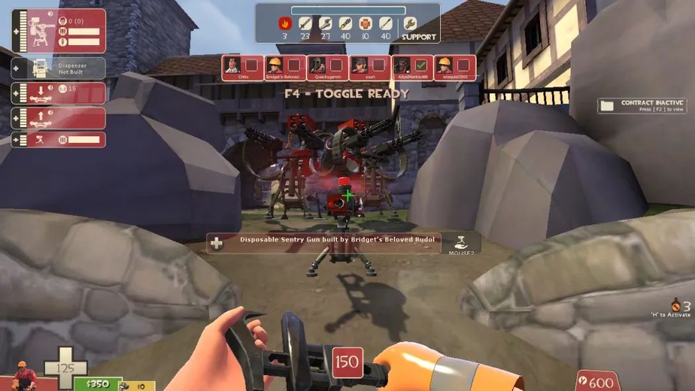 a screenshot from Team Fortress 2's Mann vs. Machine mode depicting two Level 3 Sentry Guns side-by-side and a Disposible Sentry Gun (or "mini-sentry") placed in front of them.